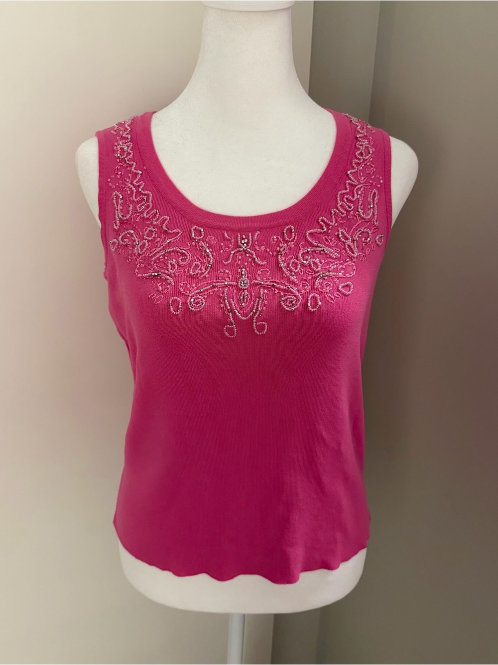 Beaded Embellished Ribbed Tank Top in Pink Laura Ashley